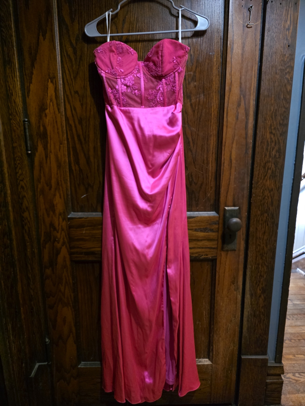 Lulu's Strapless Hot Pink Satin & Lace Evening Gown